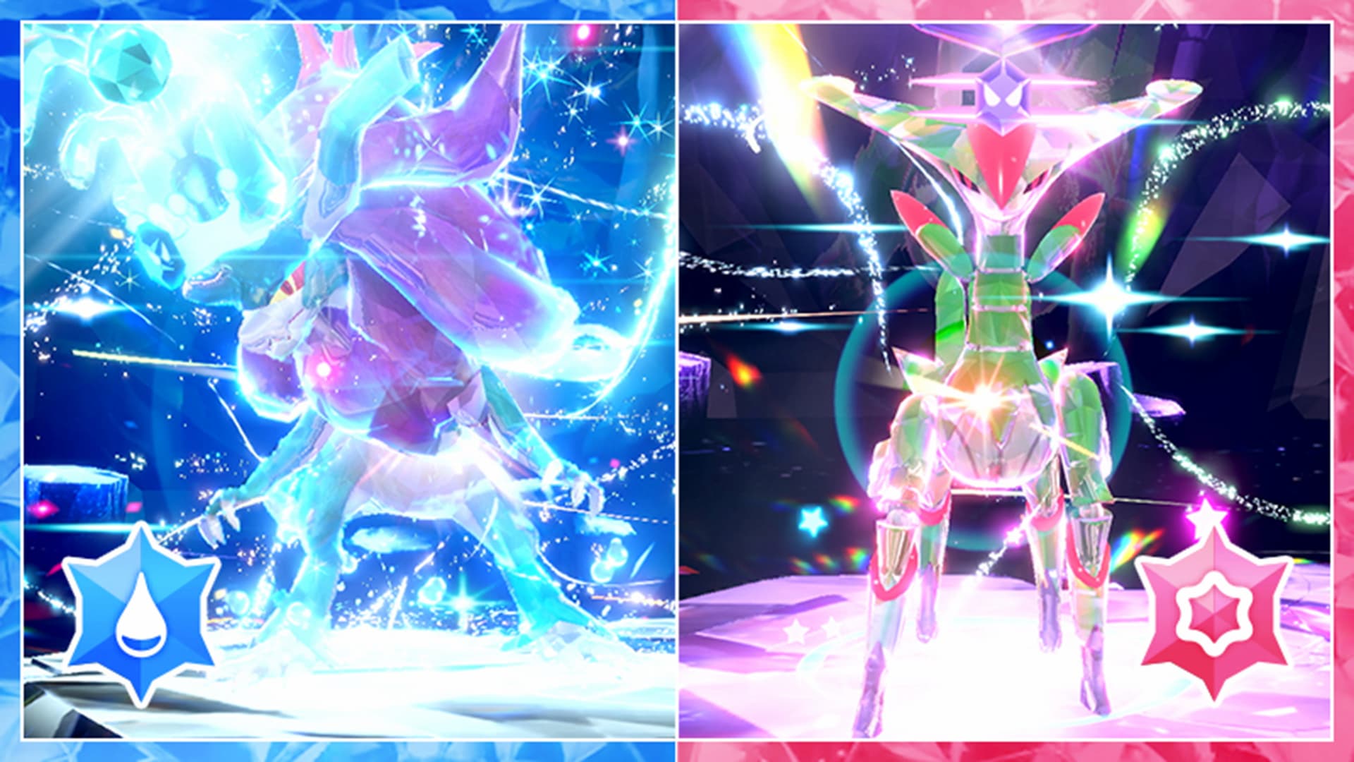 Visuel officiel pour les raids Teracristal permettant d'attraper Seprente-Eau et Vert-de-Fer dans PokÃ©mon Ãcarlate et Violet.