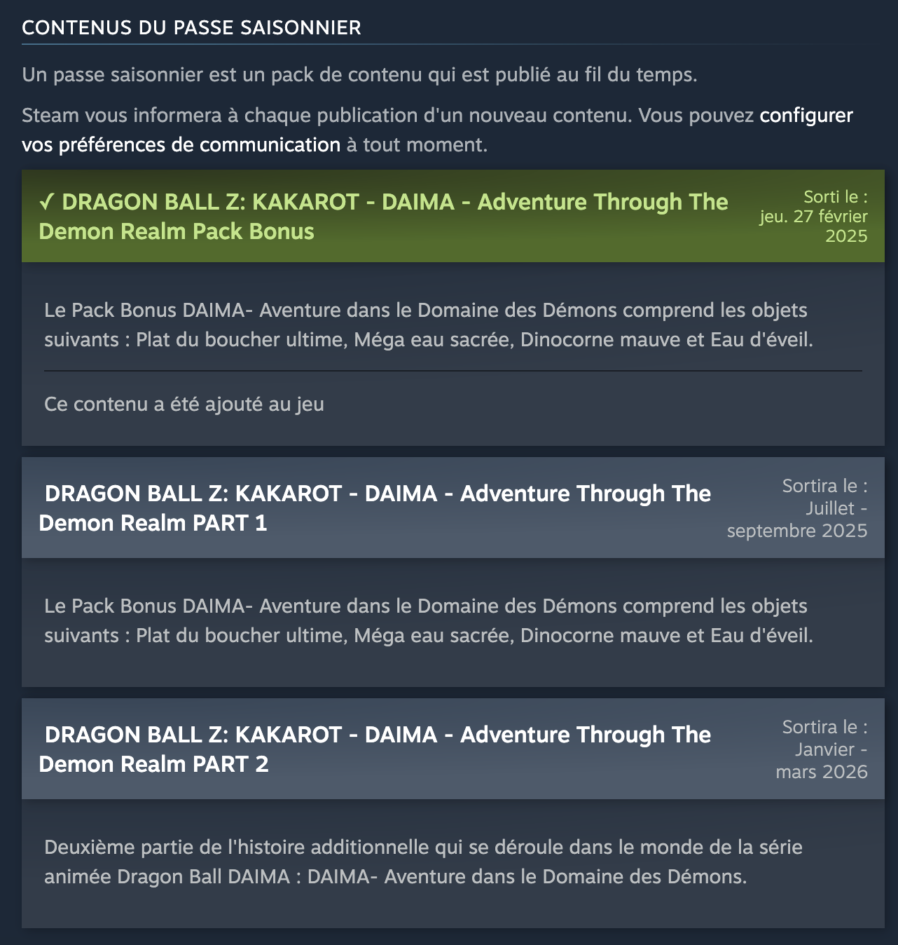 Date des pack Dragon Ball Daima dans DBZ Kakarot.