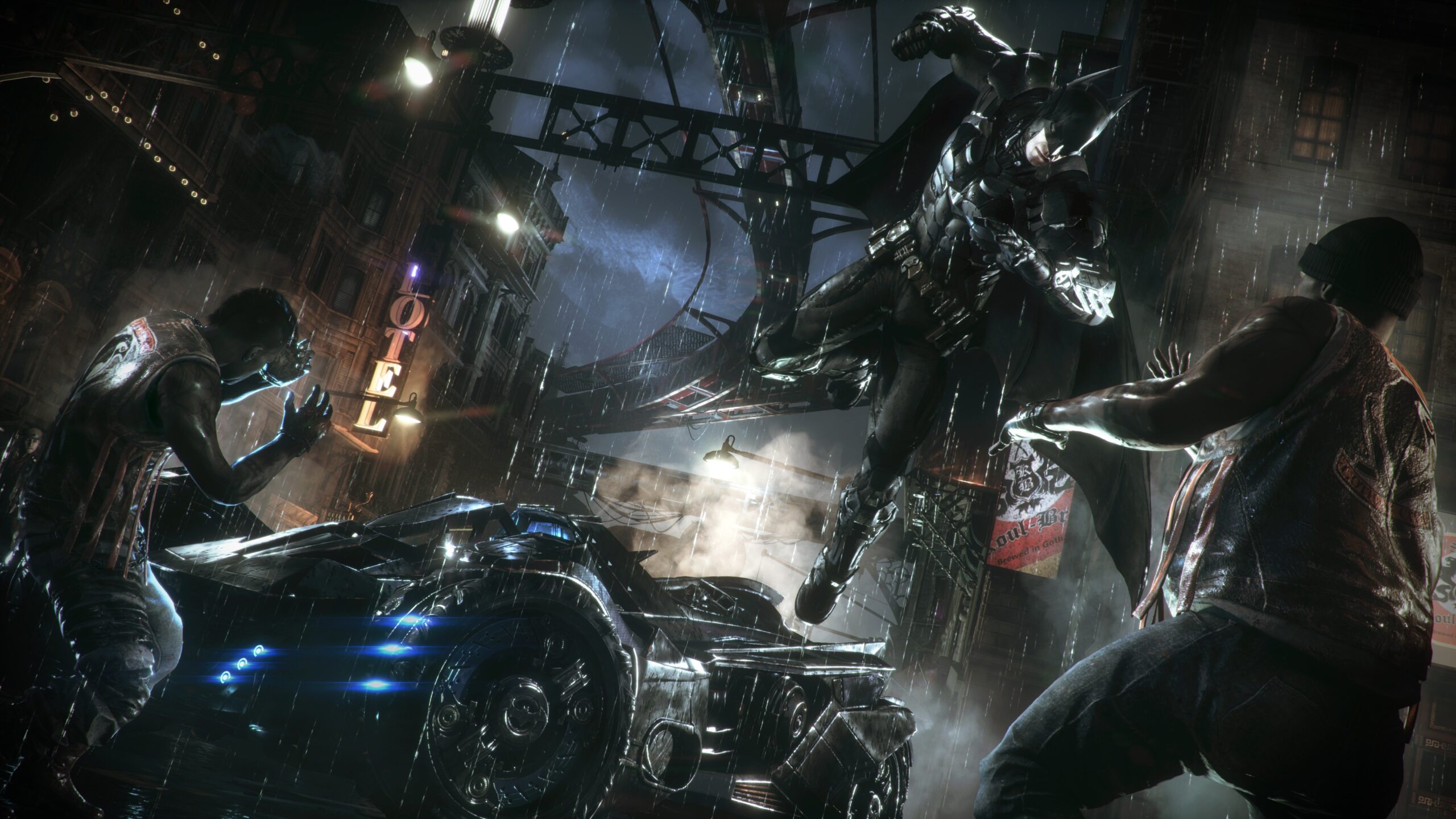 Image du Chevalier Noir dans le jeu Batman Arkham Knight qui saute de sa voiture pour faire une attaque aÃ©rienne