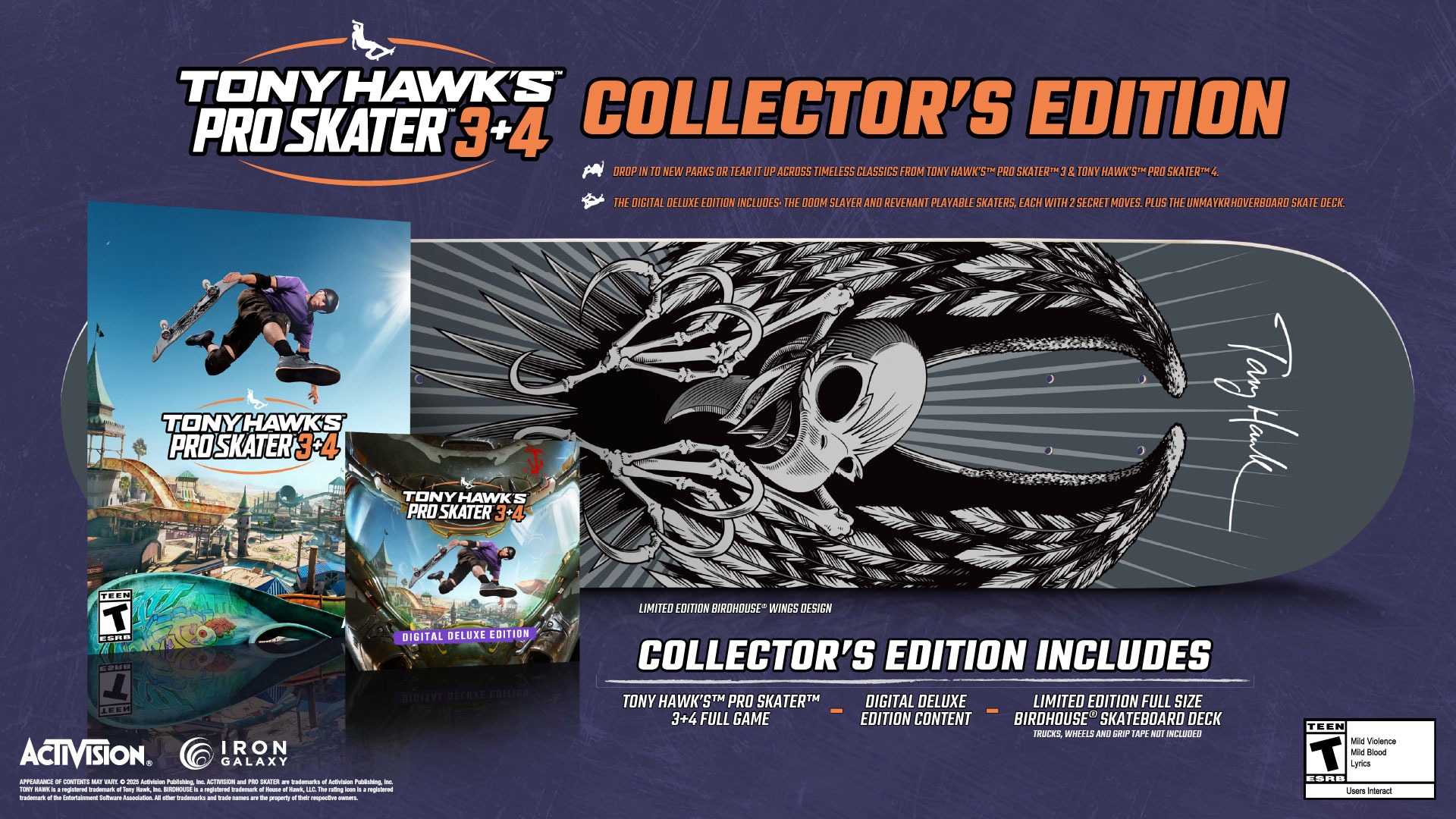 Image de l'Ã©dition collector de Tony Hawk's Pro Skater 3+4 qui inclut le jeu, le contenu de la Deluxe Edition ainsi qu'une vraie planche de skater Birdhouse en Ã©dition limitÃ©e 