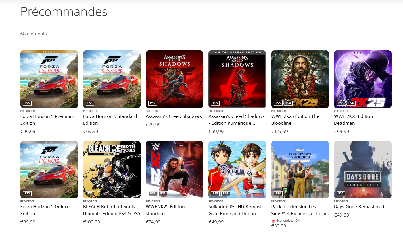Image du top des précommandes du PlayStation Store avec Forza Horizon 5 PS5 à la première, deuxième et septième place. Capture d'écran effectuée le 5 mars 2025 à 12h00. Image du top des précommandes du PlayStation Store avec Forza Horizon 5 PS5 à la première, deuxième et septième place. Capture d'écran effectuée le 5 mars 2025 à 12h00.