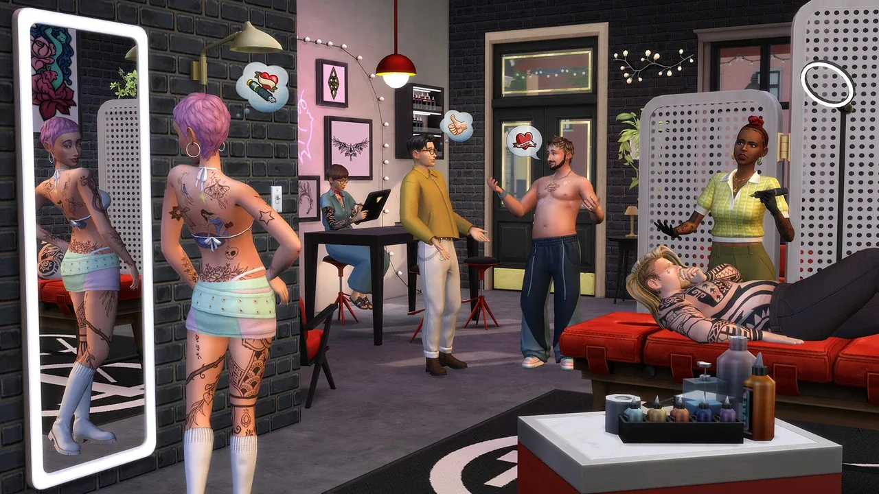 Sims 4 : exemple d'un salon de tatouage ouvert grâce au DLC Business et Loisirs. Sims 4 : exemple d'un salon de tatouage ouvert grâce au DLC Business et Loisirs.