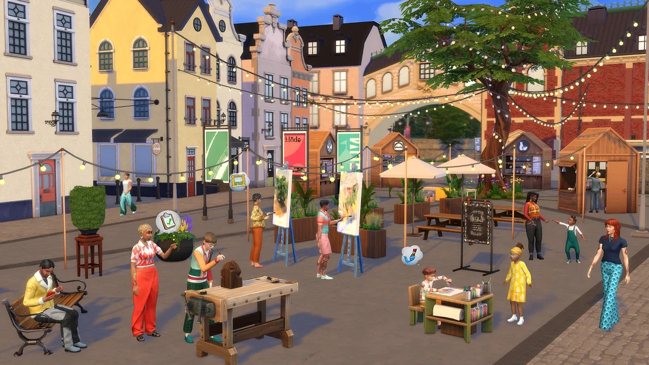 Des Sims pratiquant diverses activités artistiques en plein air grâce au DLC Business et loisirs. Des Sims pratiquant diverses activités artistiques en plein air grâce au DLC Business et loisirs.