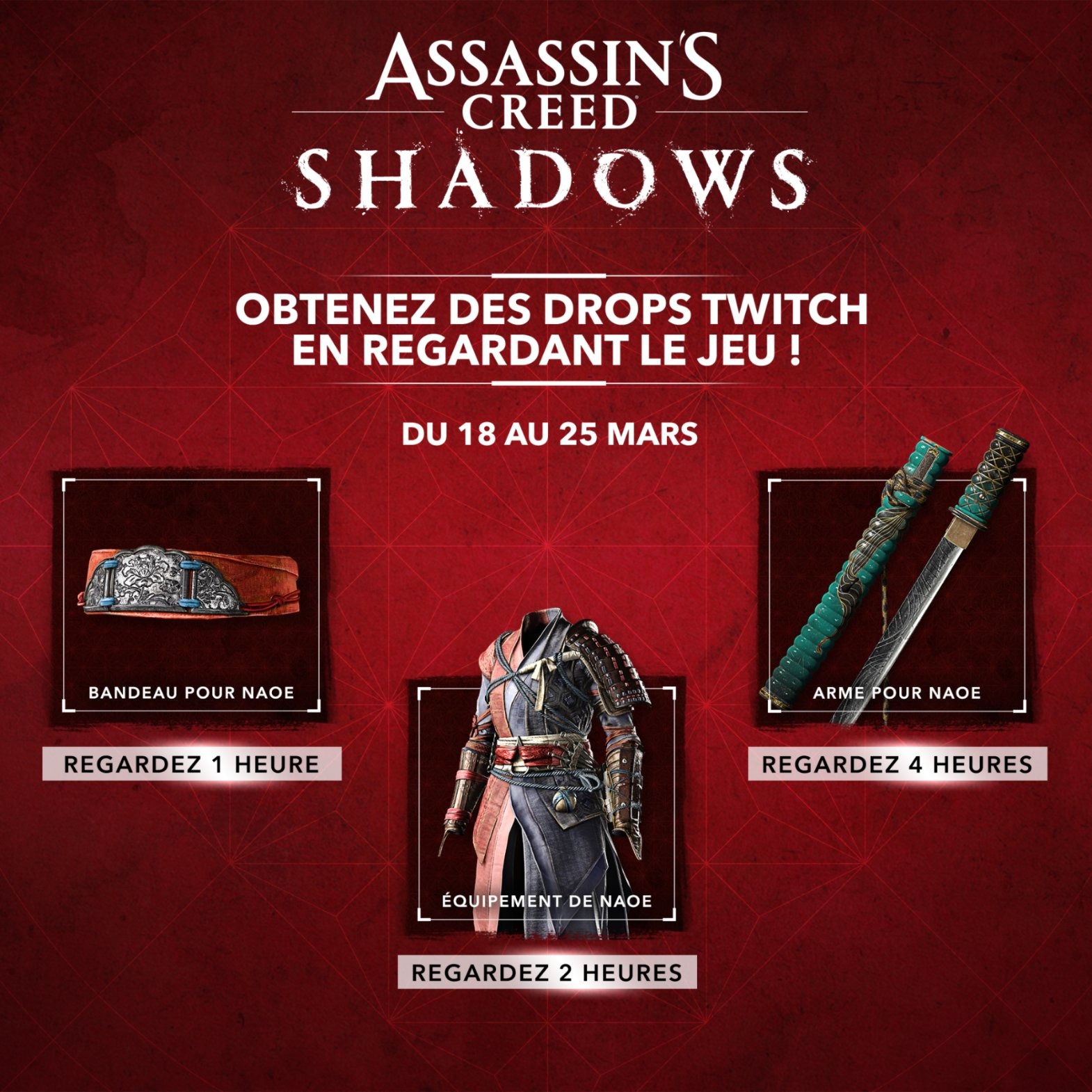 Image des drops Twitch Assassin's Creed Shadows offerts du 18 au 25 mars avec un bandeau, une arme et un Ã©quipement pour Naoe