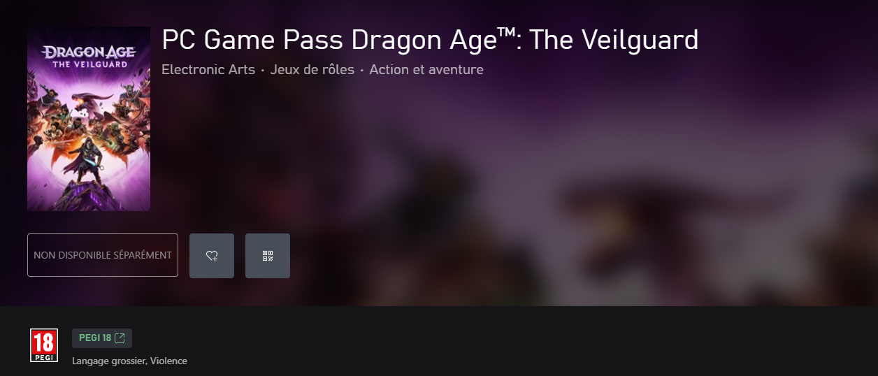 Image du Xbox Store qui mentionne Dragon Age 4 The Veilguard dans le PC Game Pass. 