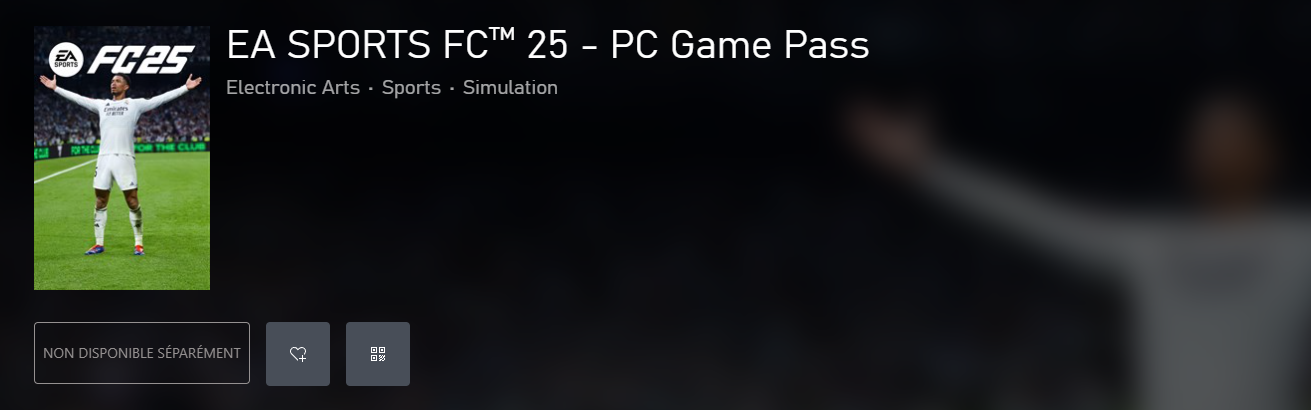 Image du Xbox Store qui mentionne d'EA Sports FC 25 dans le PC Game Pass. 