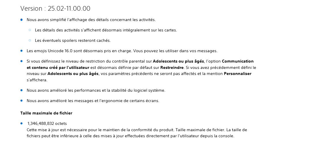 DÃ©tails en image des notes de patch de la version logiciel systÃ¨me 25.02-11.00.00 PS5