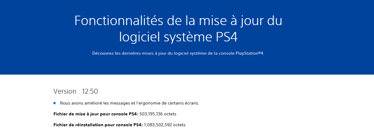 Image qui dÃ©taille les fonctionnalitÃ©s de la mise Ã  jour 12.50 du logiciel systÃ¨me PS4. Le firmware amÃ©liore les messages et l'ergonomie de certains Ã©crans. 