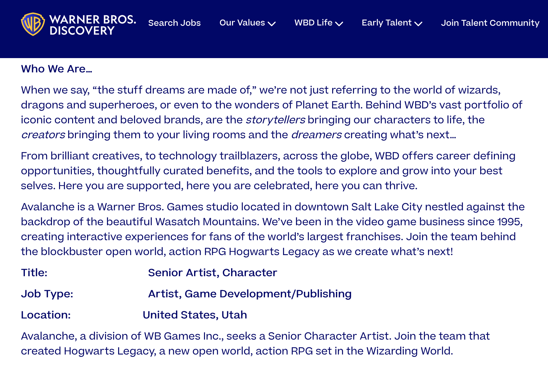 Jeu Harry Potter ou Hogwarts Legacy : Avalanche Software recrute un artiste senior spÃ©cialisÃ© dans les personnages.