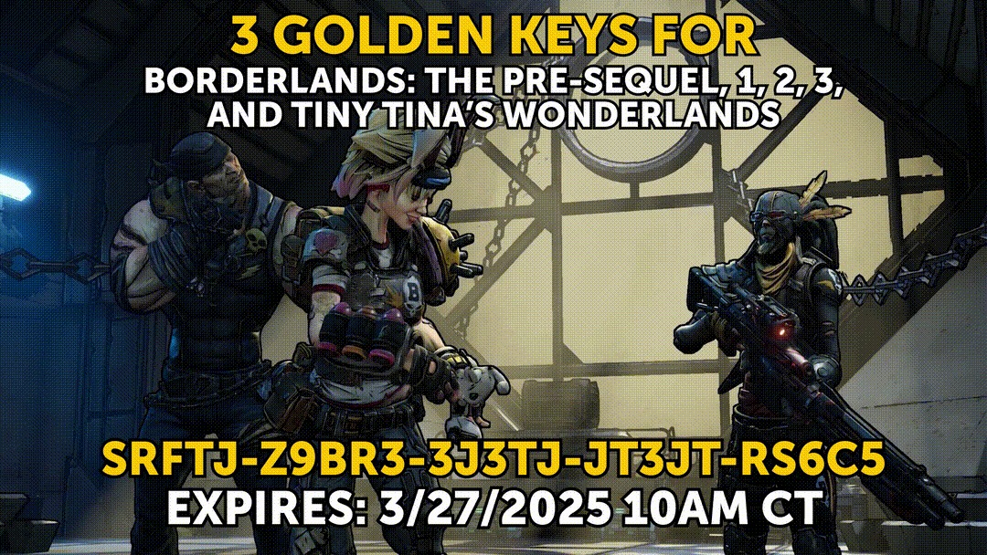 Image qui contient le code SHiFT SRFTJ-Z9BR3-3J3TJ-JT3JT-RS6C5 Ã  utiliser dans les jeux Borderlands : The Pre-Sequel, 1, 2, 3 & ainsi que Tiny Tina's Wonderlands. 
