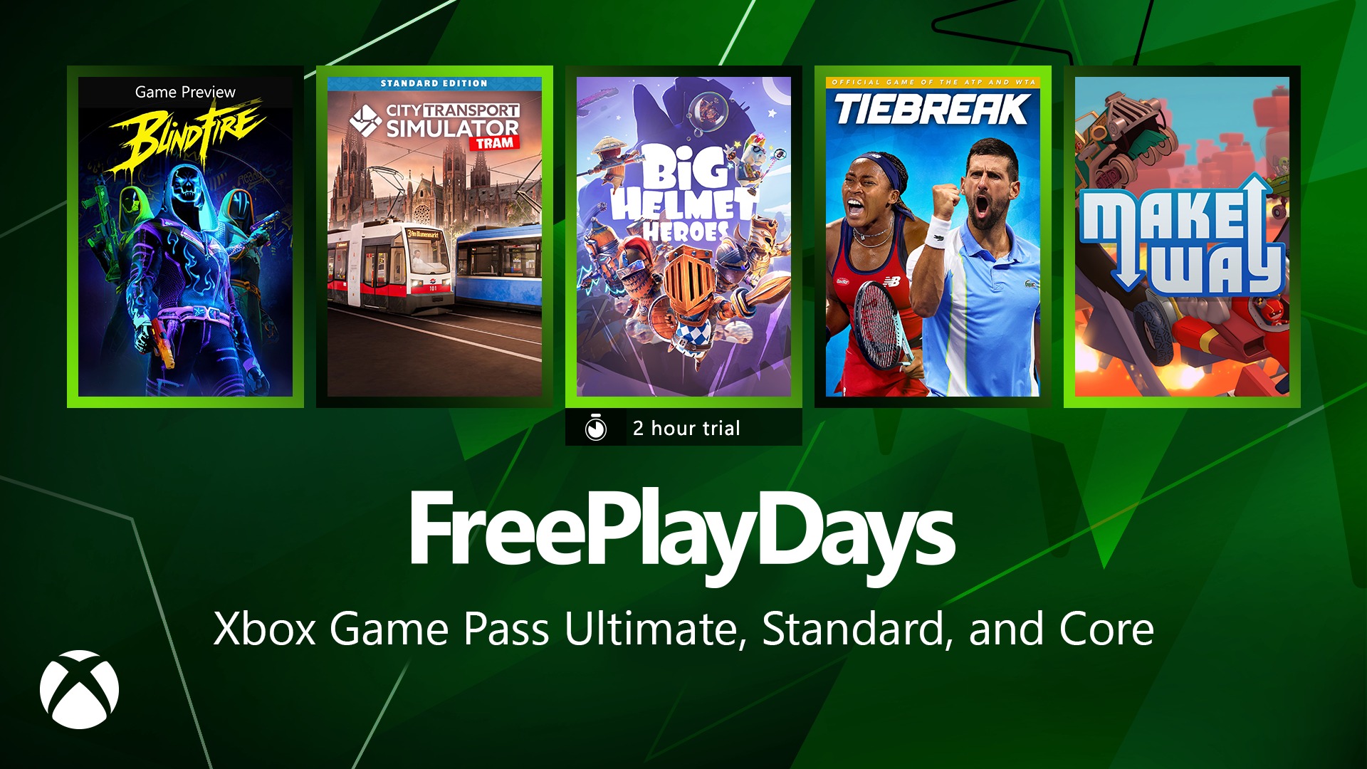 Image des jeux Xbox Game Pass offerts du 27 au 31 mars 2025 avec Blindfire, City Transport Simulator: Tram, Big Helmet Heros, Tiebreak et Make Way.