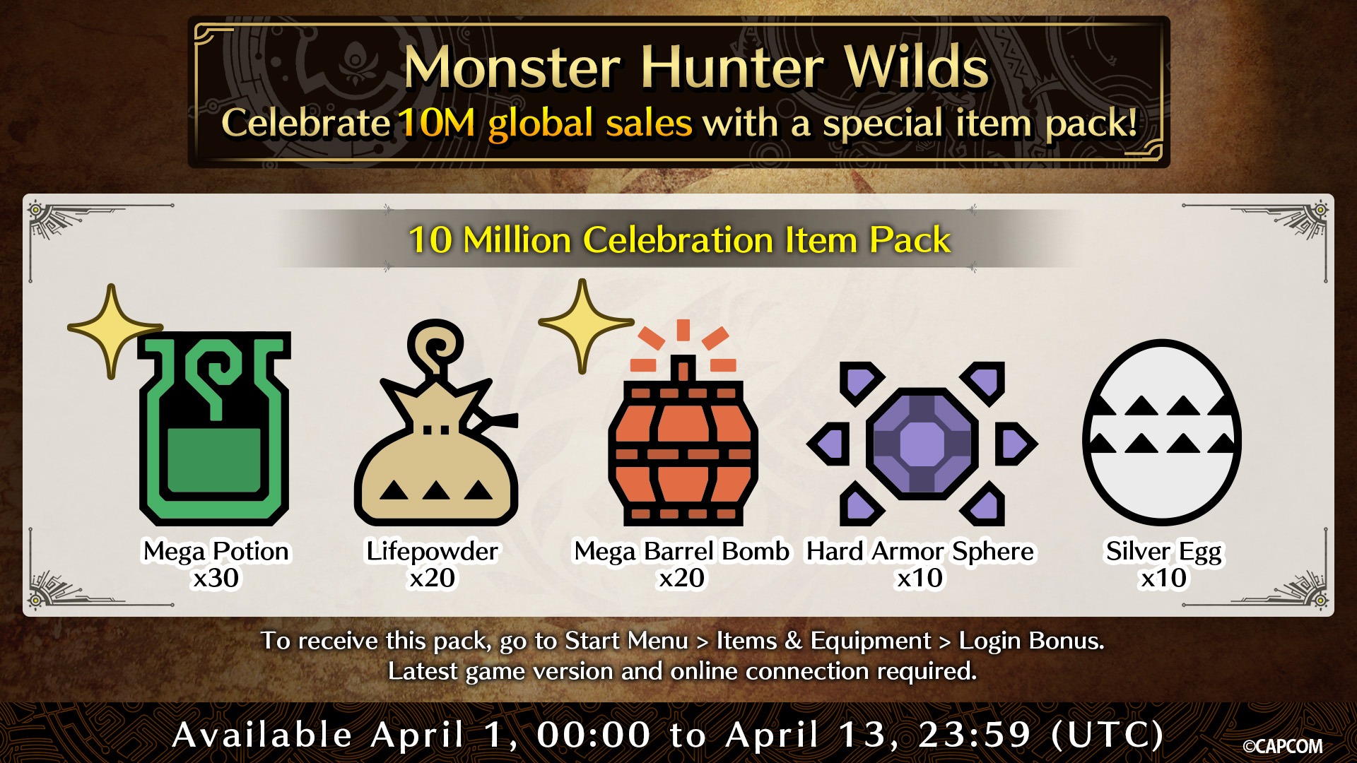 Image du pack d'objets Monster Hunter Wilds pour cÃ©lÃ©brer les 10 millions de ventes avec de la MÃ©ga potion, de la Poudre de vie, de la MÃ©ga bombe baril, des Åufs d'argent et des SphÃ¨res d'armure 