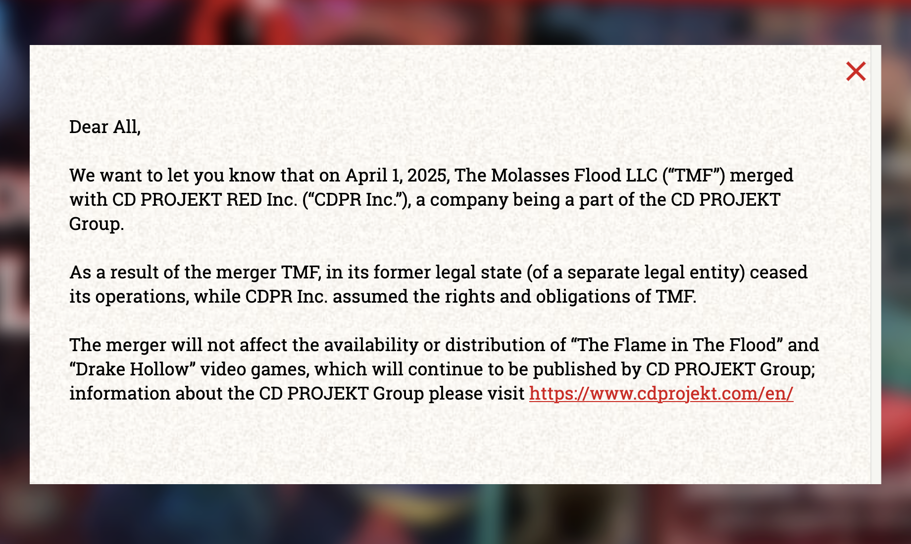 The Witcher Sirius : Communiqué du studio The Molasses Flood concernant sa fusion avec CD Projekt. The Witcher Sirius : Communiqué du studio The Molasses Flood concernant sa fusion avec CD Projekt.