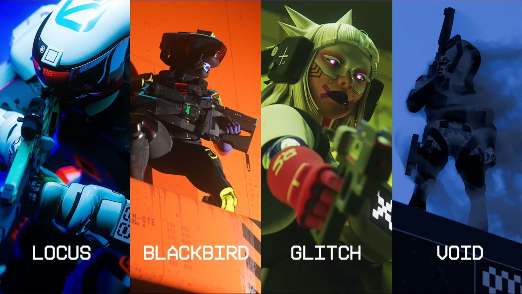 Illustration des personnages jouables de Marathon, appelÃ©es Coureurs, avec Locus, Blackbird, Glitch et Void. 