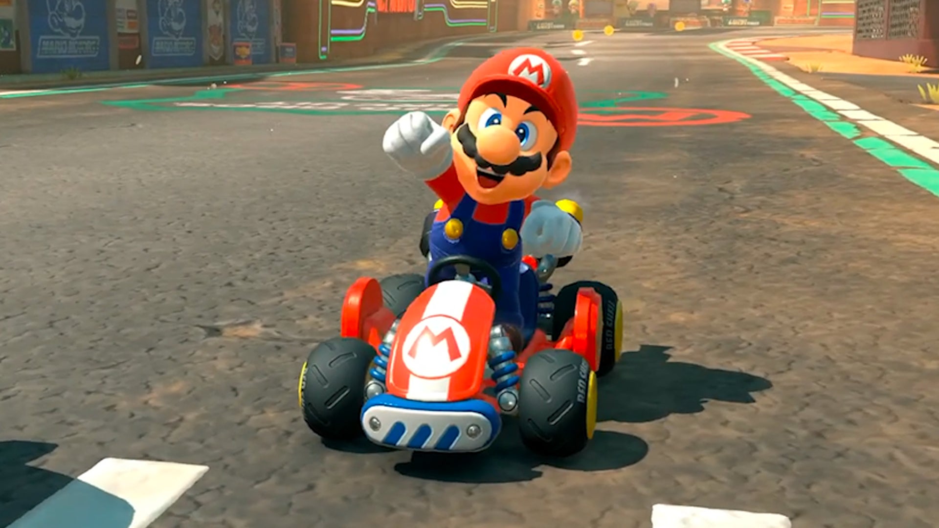 Mario victorieux dans Mario Kart World. Mario victorieux dans Mario Kart World.