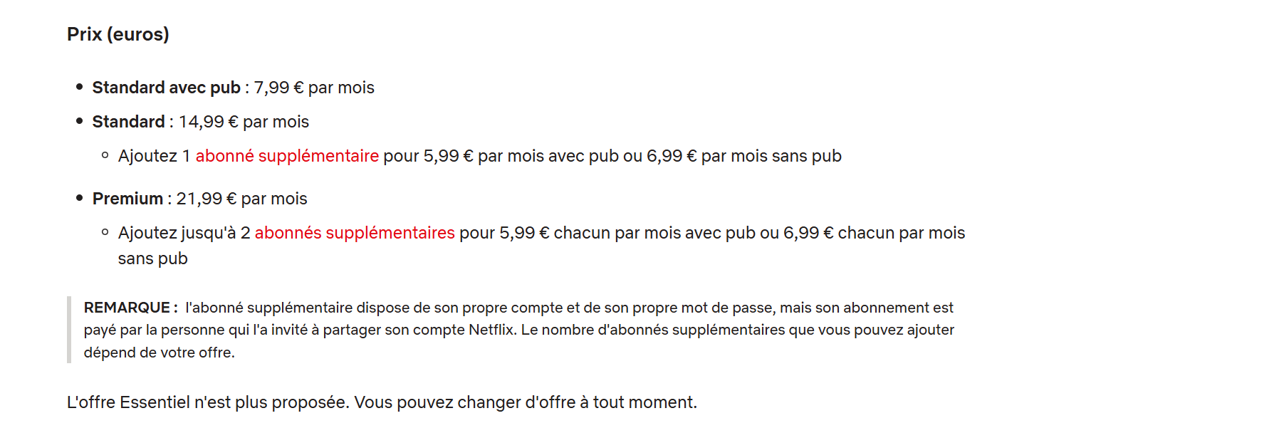 La nouvelle grille tarifaire des abonnements Netflix aprÃ¨s l'augmentation de prix effective au 18 avril 2025, avec des offres de 7,99â¬ Ã  21,99â¬ 