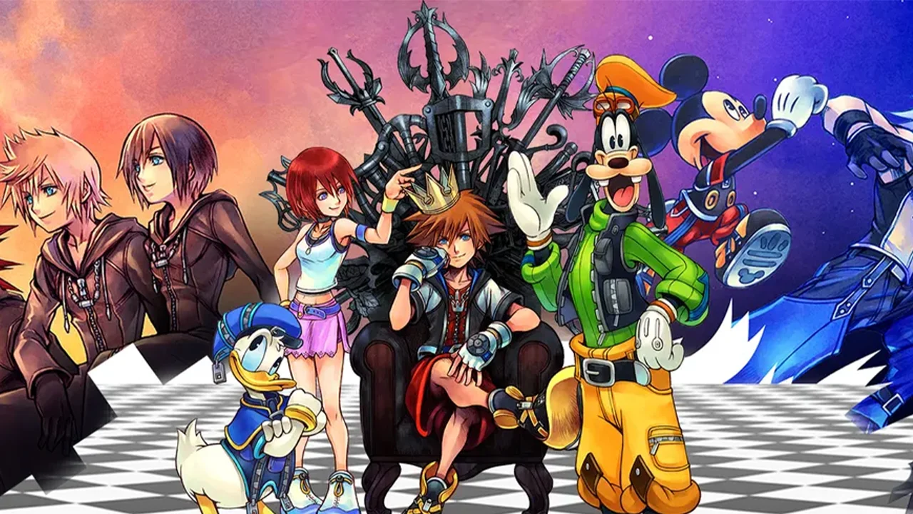 Artwork de la licence Kingdom Hearts montrant les personnages principaux, dont Sora sur un trône avec Donald et Dingo à ses côtés. Artwork de la licence Kingdom Hearts montrant les personnages principaux, dont Sora sur un trône avec Donald et Dingo à ses côtés.