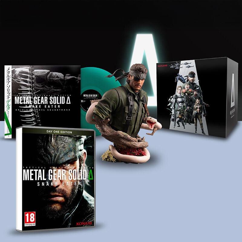 Image de l'Ã©dition collector de Metal Gear Solid 3 Remake exclusive Ã  Micromania qui inclut le jeu, un buste en rÃ©sine de Big Boss de 23 cm et la bande originale sur un vinyle vert.