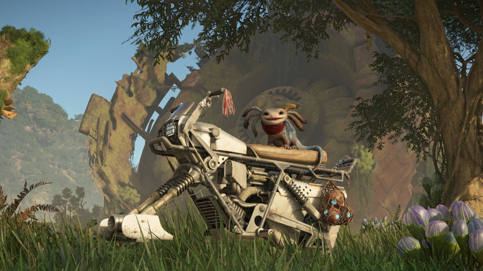 Image du speeder de Kay et de son compagnon Nix dans Star Wars Outlaws qui sont aux couleurs du DLC gratuit cosmÃ©tique de la sÃ©rie Disney+ Skeleton Crew. 