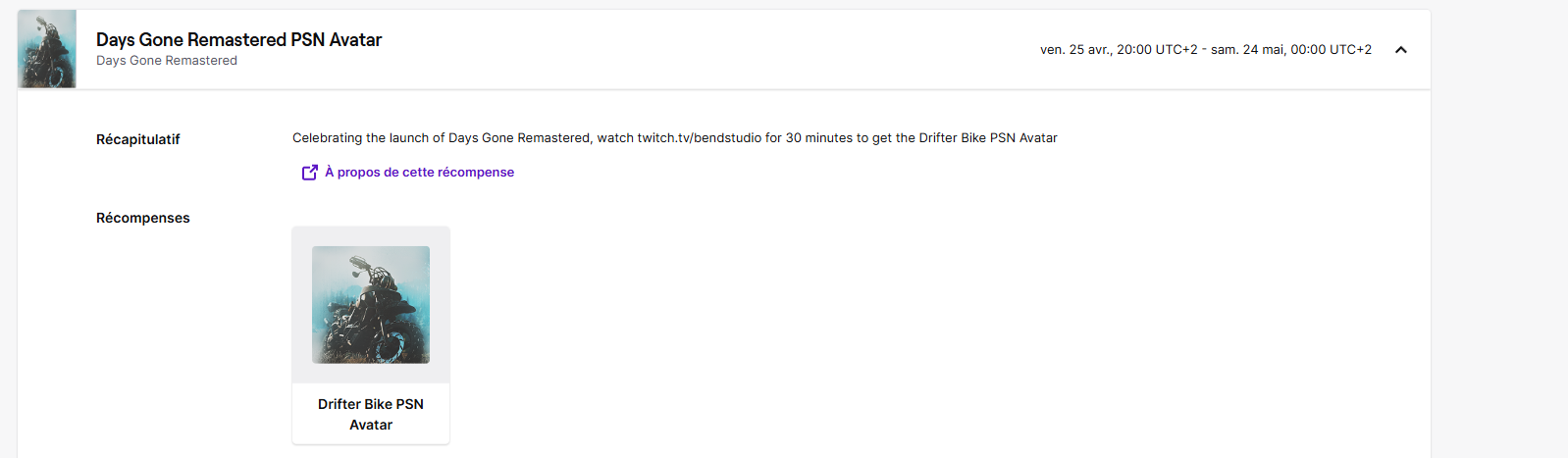 Image de l'avatar Days Gone Remastered offert sur PS5 et PS4, qui reprÃ©sente la moto du hÃ©ros principal Deacon, via les Twitch Drops en regardant un livestream jusqu'au 24 mai 2025. 