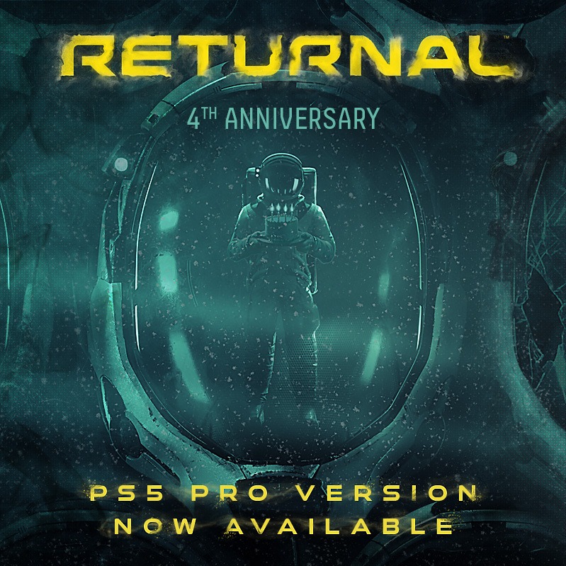Illustration pour annoncer le dÃ©ploiement d'une mise Ã  jour gratuite PS5 Pro pour Returnal Ã  l'occasion de son quatriÃ¨me anniversaire. 