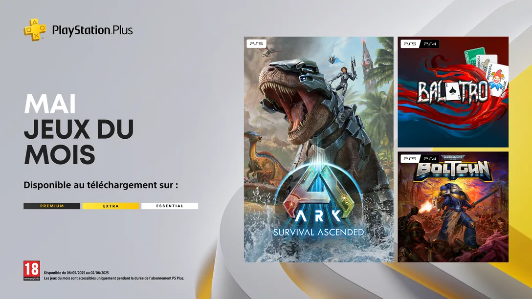 PS Plus Essential : Les jeux offerts en mai 2025 sont Ark: Survival Ascended, Balatro et Warhammer 40,000 Boltgun. PS Plus Essential : Les jeux offerts en mai 2025 sont Ark: Survival Ascended, Balatro et Warhammer 40,000 Boltgun.