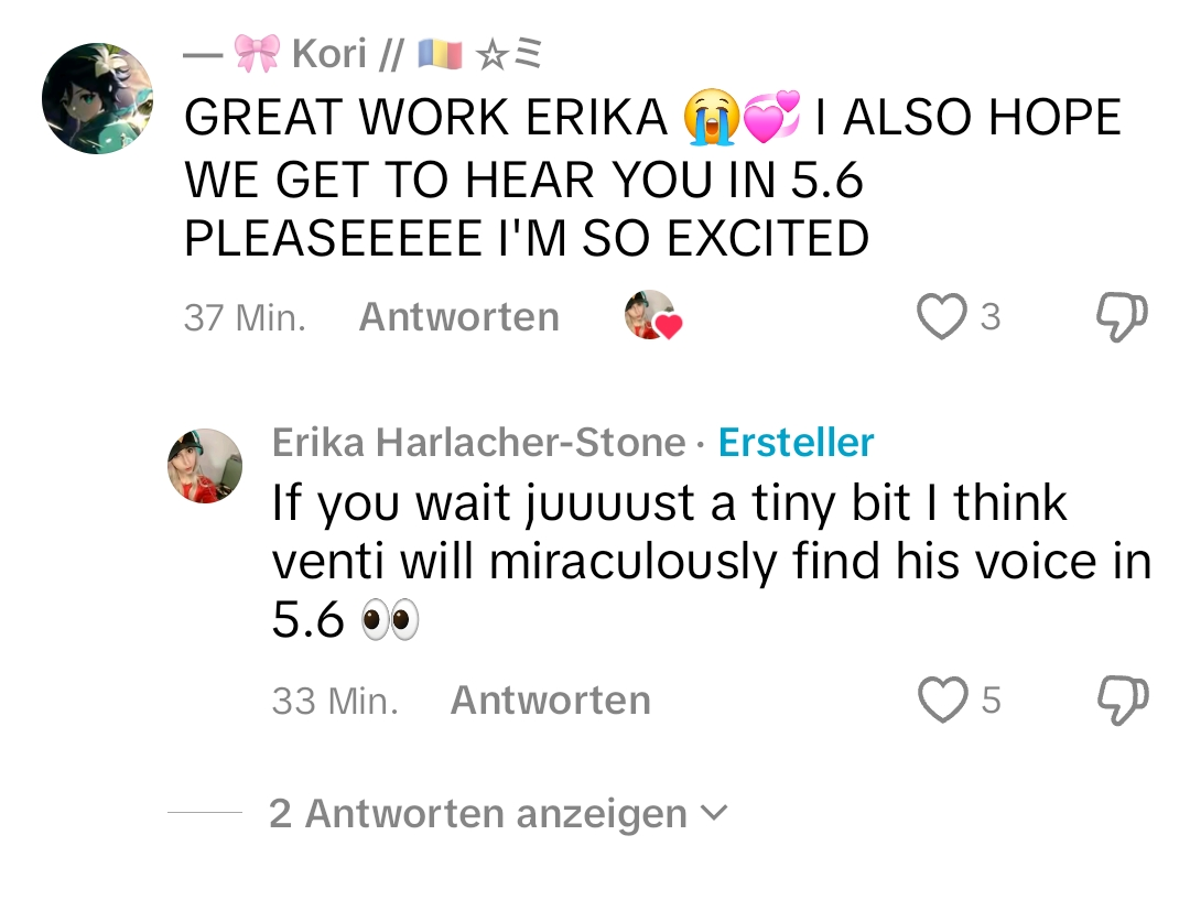 Genshin Impact 5.6 : Post d'Erika Harlacher-Stone qui tease le retour de la voix anglaise de Venti.