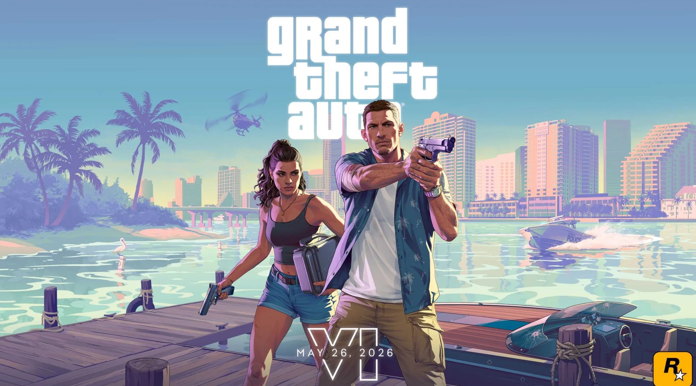 GTA 6: Key displaying the video game logo and release date. GTA 6: Key displaying the video game logo and release date.