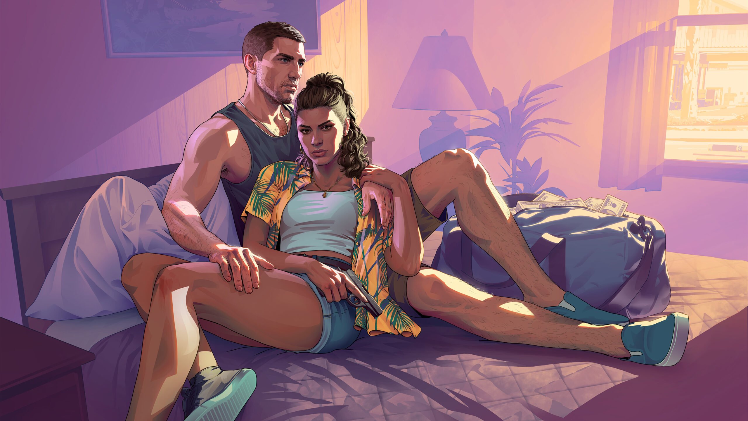 GTA 6 : Artwork de Jason et Lucia au motel. GTA 6 : Artwork de Jason et Lucia au motel.