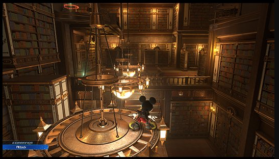Image de Mickey Mouse dans Kingdom Hearts 4 jouable en exploration pour la premiÃ¨re fois. Il est sur un lustre dans une bibliothÃ¨que. 