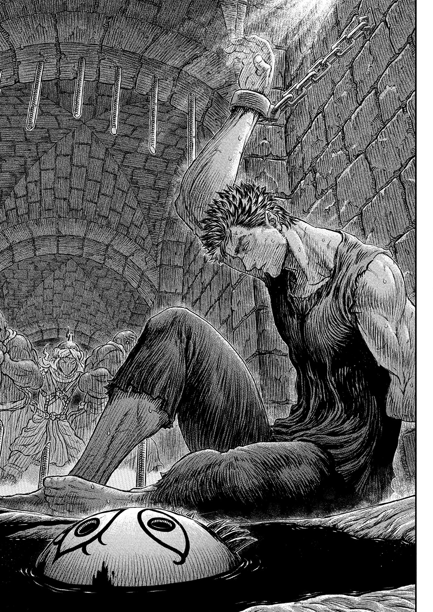Aperçu de Guts emprisonné dans le chapitre 380 de Berserk. Aperçu de Guts emprisonné dans le chapitre 380 de Berserk.