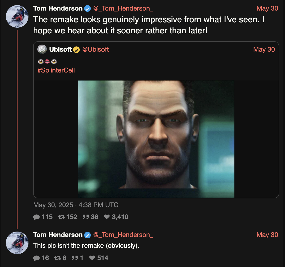 Splinter Cell Remake : Déclarations de Tom Henderson sur Xcancel.com. Splinter Cell Remake : Déclarations de Tom Henderson sur Xcancel.com.