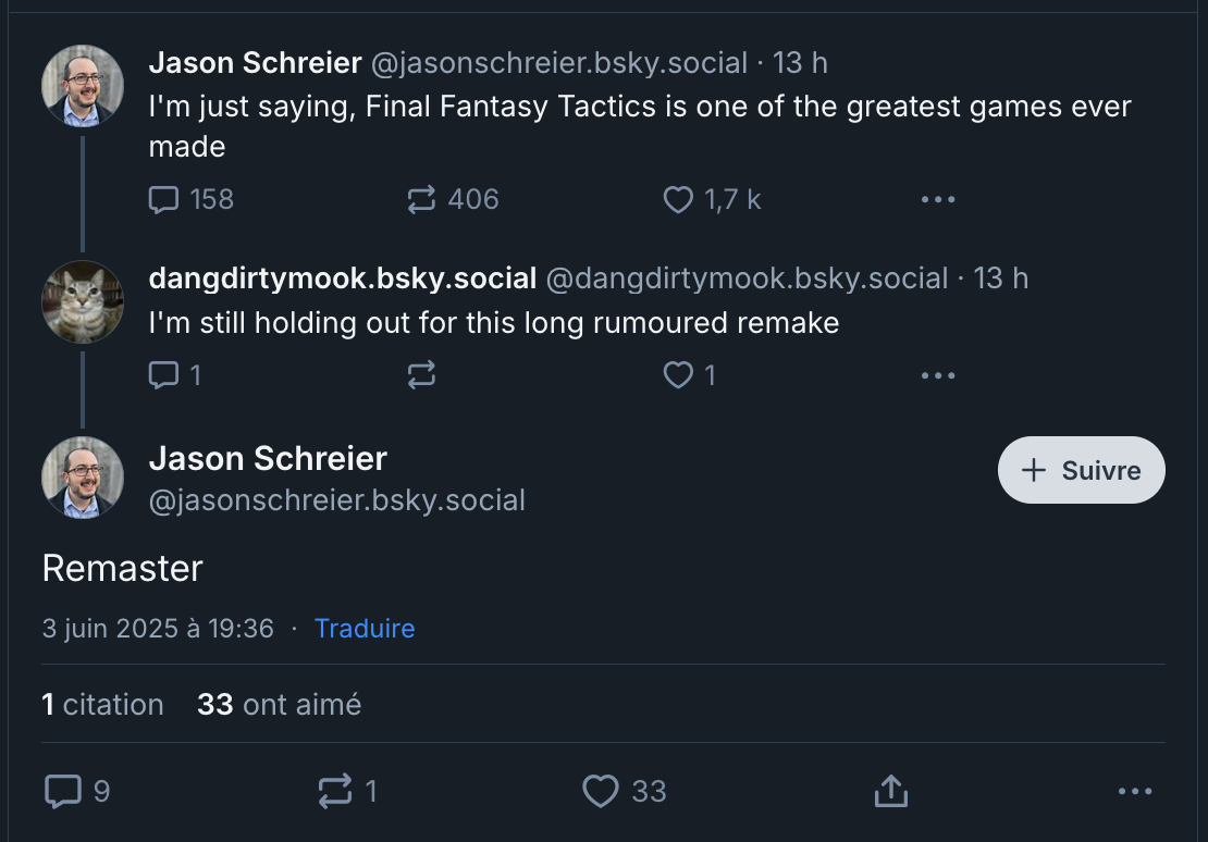 Final Fantasy Tactics Remaster : Post Ã©nigmatique de Jason Schreier sur BlueSky.