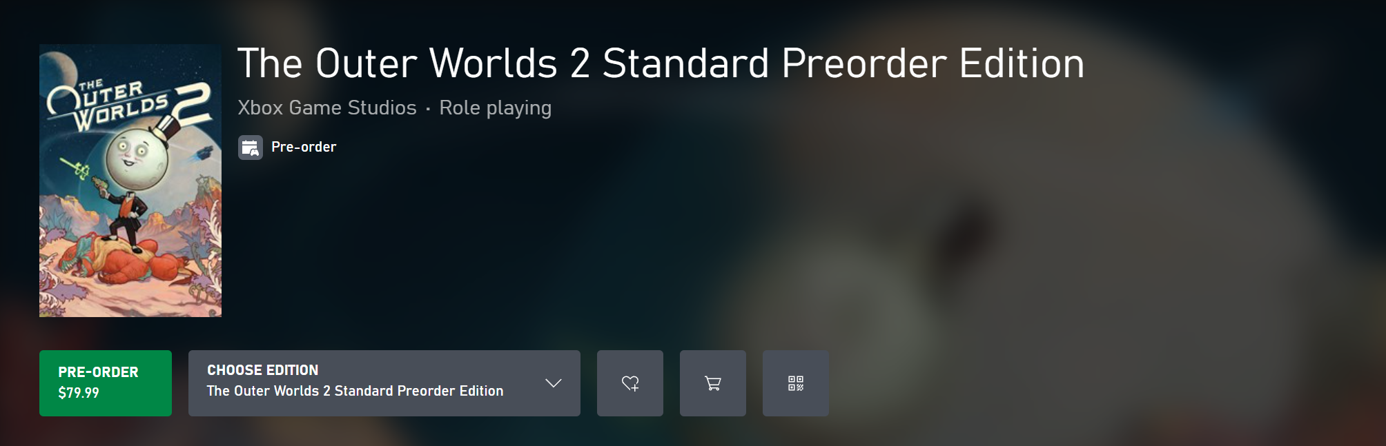Image de la fiche de prÃ©commande de The Outer Worlds 2 sur la boutique US Xbox. 