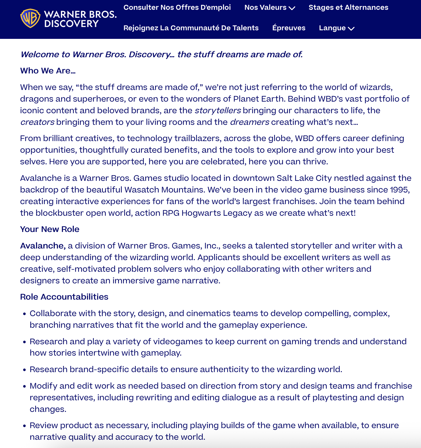 Hogwarts Legacy 2 : Capture d'Ã©cran d'une offre d'emploi pour un poste de scÃ©nariste.