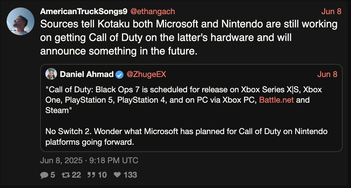 Capture d'écran d'un post sur XCancel d'Ethan Gach de Kotaku par rapport à Call of Duty Black Ops 7 et la Nintendo Switch 2. Capture d'écran d'un post sur XCancel d'Ethan Gach de Kotaku par rapport à Call of Duty Black Ops 7 et la Nintendo Switch 2.