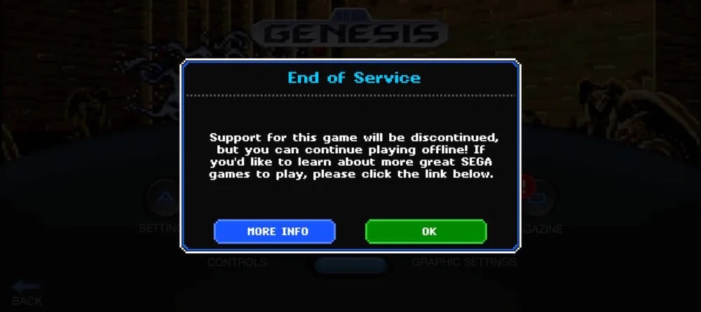 SEGA fin support jeux mobile message