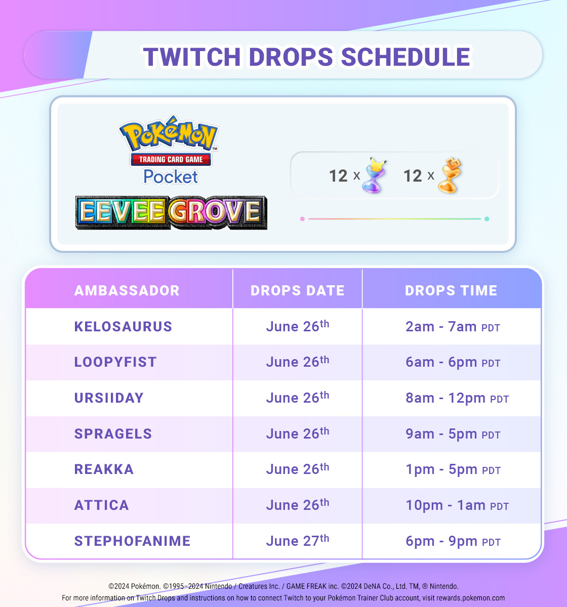 Pokemon Pocket : Planning des Twitch Drops pour l'extension La Clairiere d'Evoli. Pokemon Pocket : Planning des Twitch Drops pour l'extension La Clairiere d'Evoli.