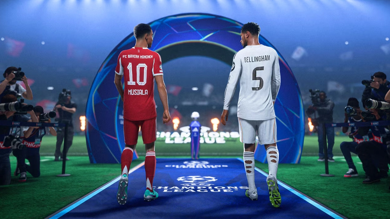 EA FC 26 : Musiala et Bellingham de dos, entrant sur le terrain. EA FC 26 : Musiala et Bellingham de dos, entrant sur le terrain.
