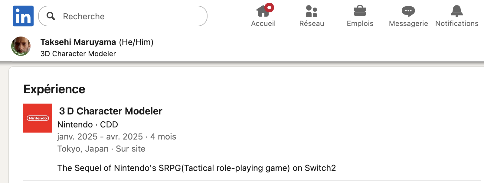 Profil LinkedIn de Taksehi Maruyama Ã©voquant un projet qui pourrait faire penser Ã  un prochain Fire Emblem sur Nintendo Switch 2.