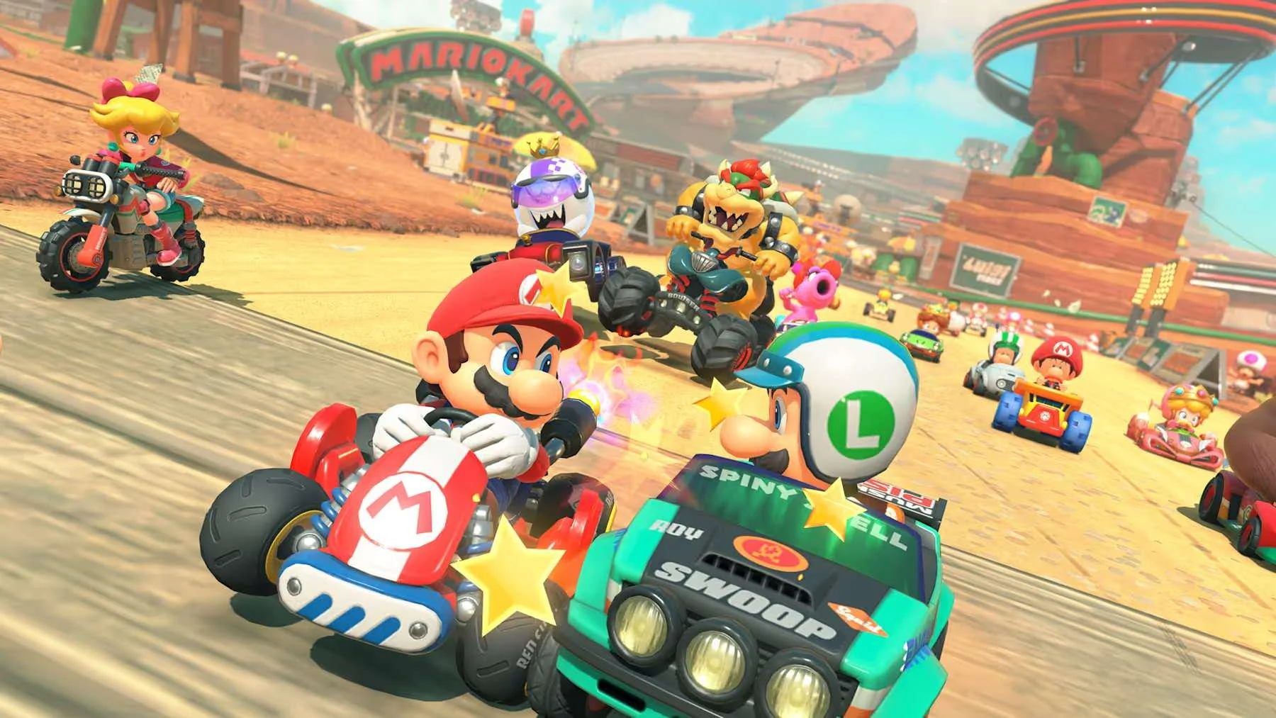 Mario Kart World : Mario et Luigi au coude à coude pendant la course. Mario Kart World : Mario et Luigi au coude à coude pendant la course.