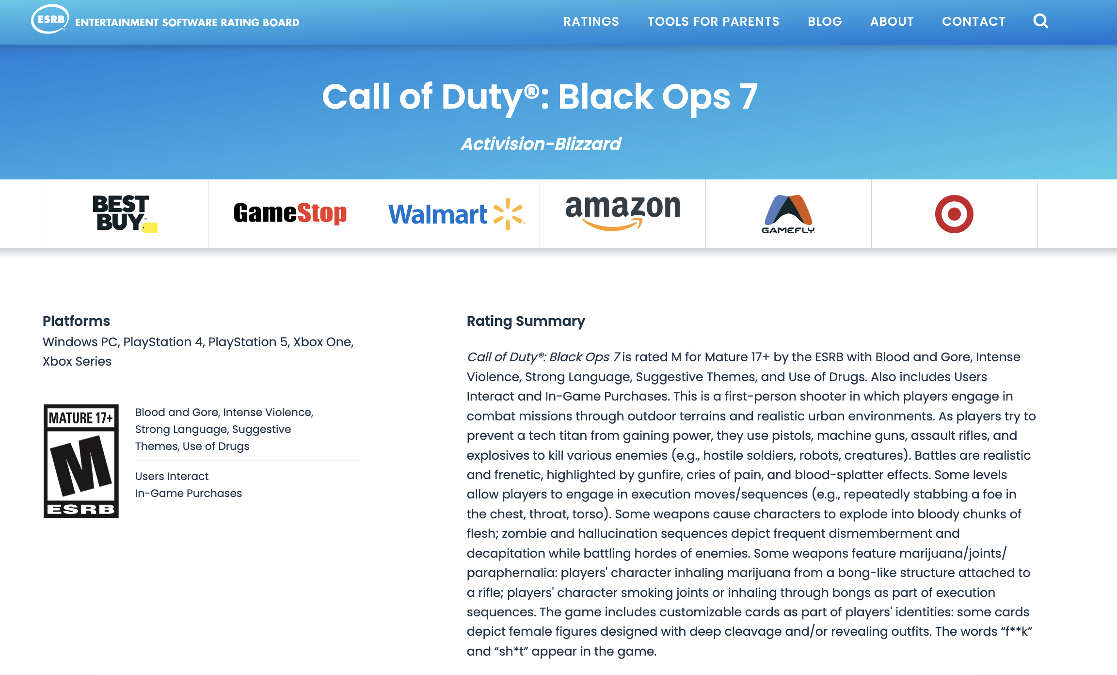 Call of Duty Black Ops 7 : Capture d'écran de la fiche ESRB. Call of Duty Black Ops 7 : Capture d'écran de la fiche ESRB.