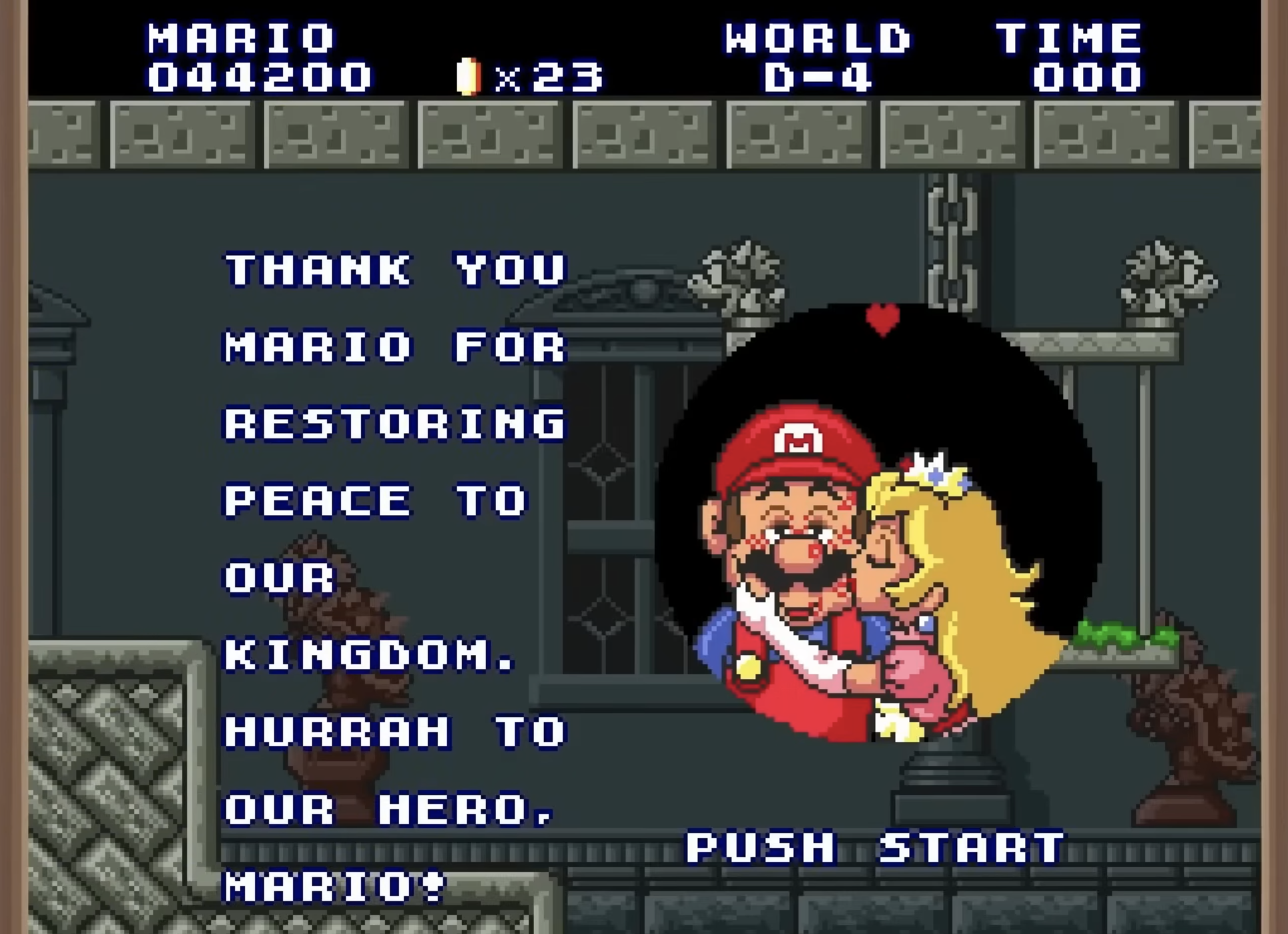 Super Mario All-Stars : Peach embrasse Mario. Super Mario All-Stars : Peach embrasse Mario.
