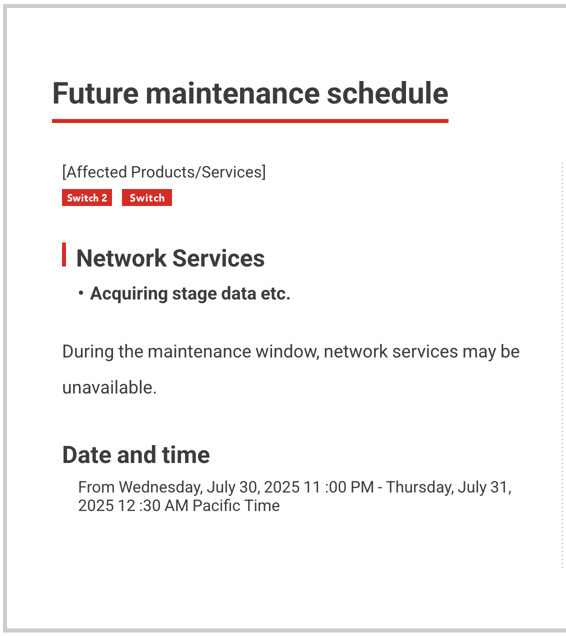 Annonce de la maintenance des services en ligne de Nintendo prÃ©vue le 31 juillet 2025.