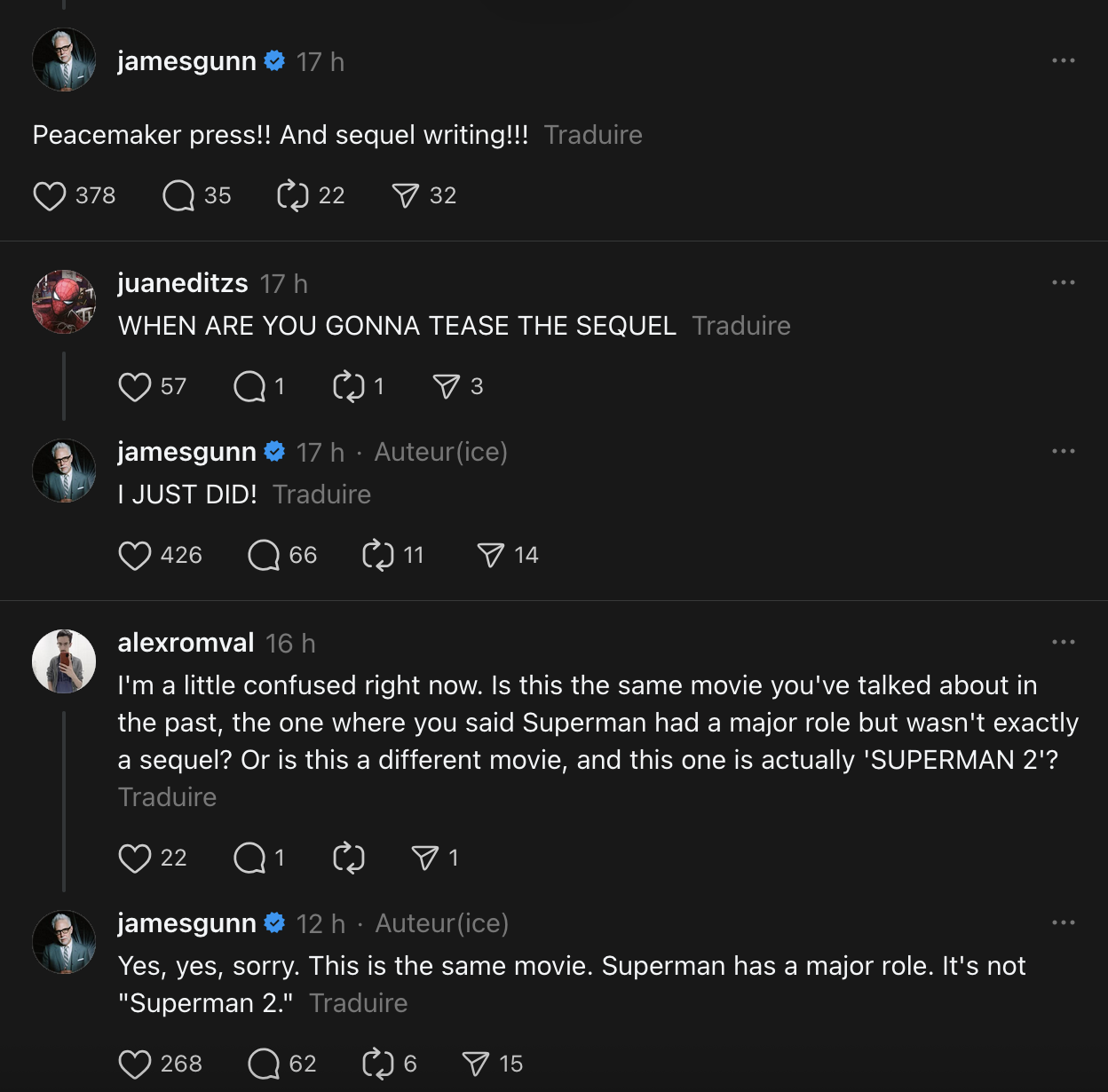 Superman Legacy 2 : James Gunn sur Threads.