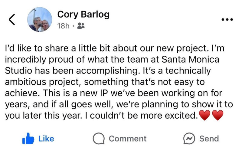 Screen d'un post d'un faux compte de Cory Barlog à propos du prochain jeu God of War. Screen d'un post d'un faux compte de Cory Barlog à propos du prochain jeu God of War.