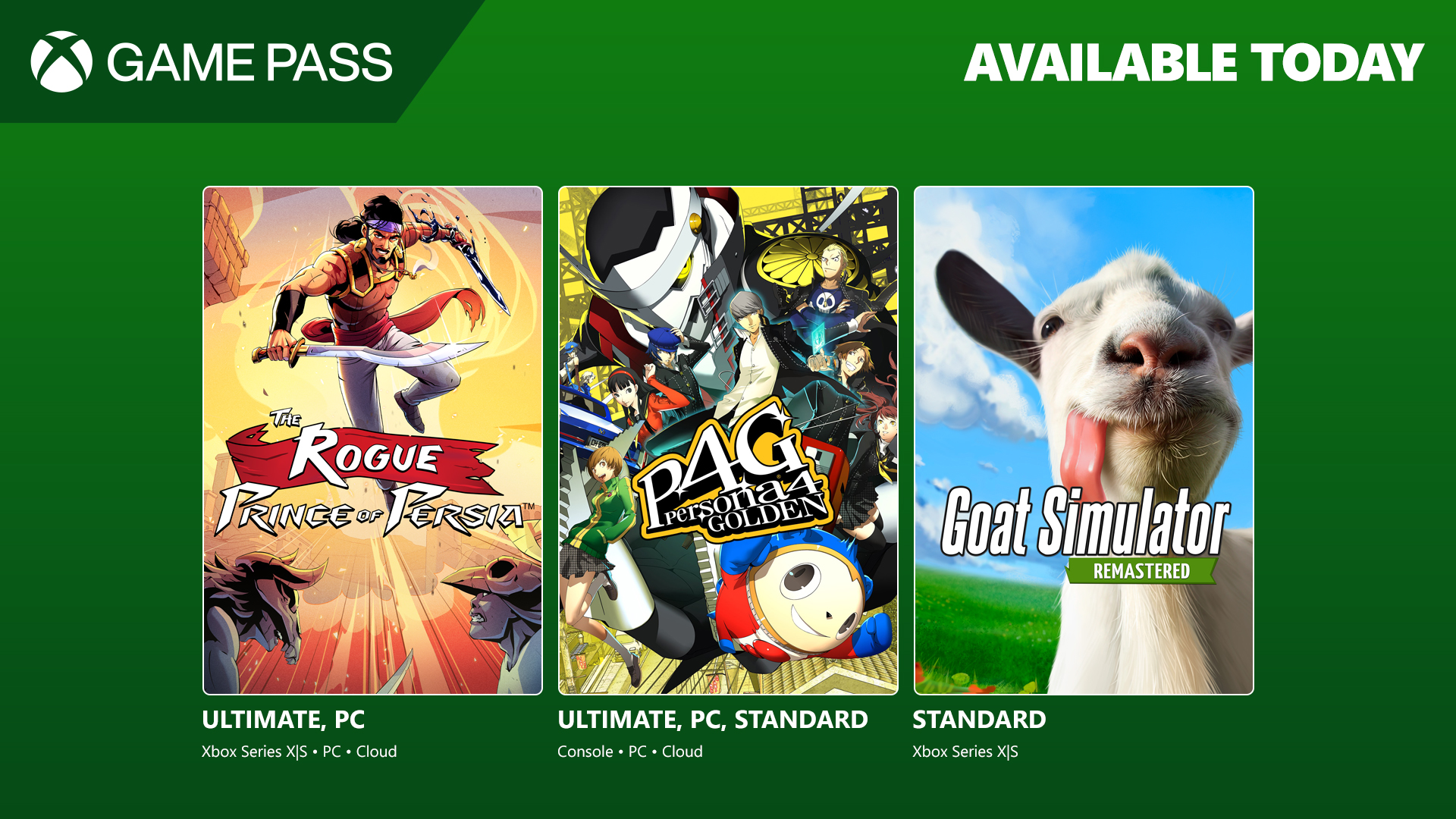 Nouveaux jeux du Xbox Game Pass : The Rogue Prince of Persia, Persona 4 Golden et Goat Simulator Remastered.