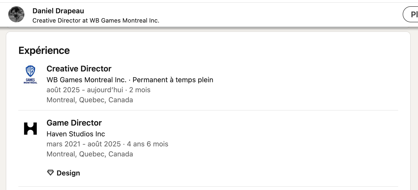 LinkedIn de Daniel Drapeau indiquant qu'il a quittÃ© Haven Studios.