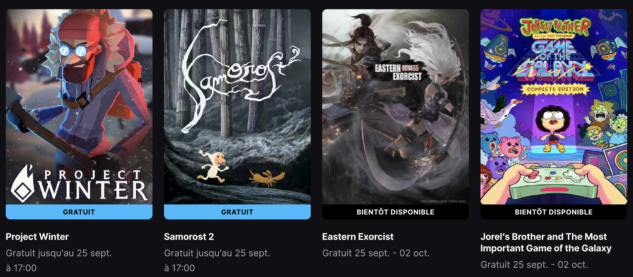 Epic Games Store : Jeux du 18 septembre 2025 (Project Winter, Samorost 2, Eastern Exorcist et Jorelâs Brother and The Most Important Game of the Galaxy). Epic Games Store : Jeux du 18 septembre 2025 (Project Winter, Samorost 2, Eastern Exorcist et Jorelâs Brother and The Most Important Game of the Galaxy).