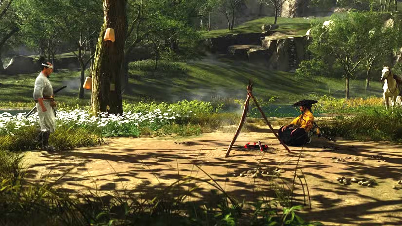 Ghost of Yotei : Atsu assise au campement. Ghost of Yotei : Atsu assise au campement.